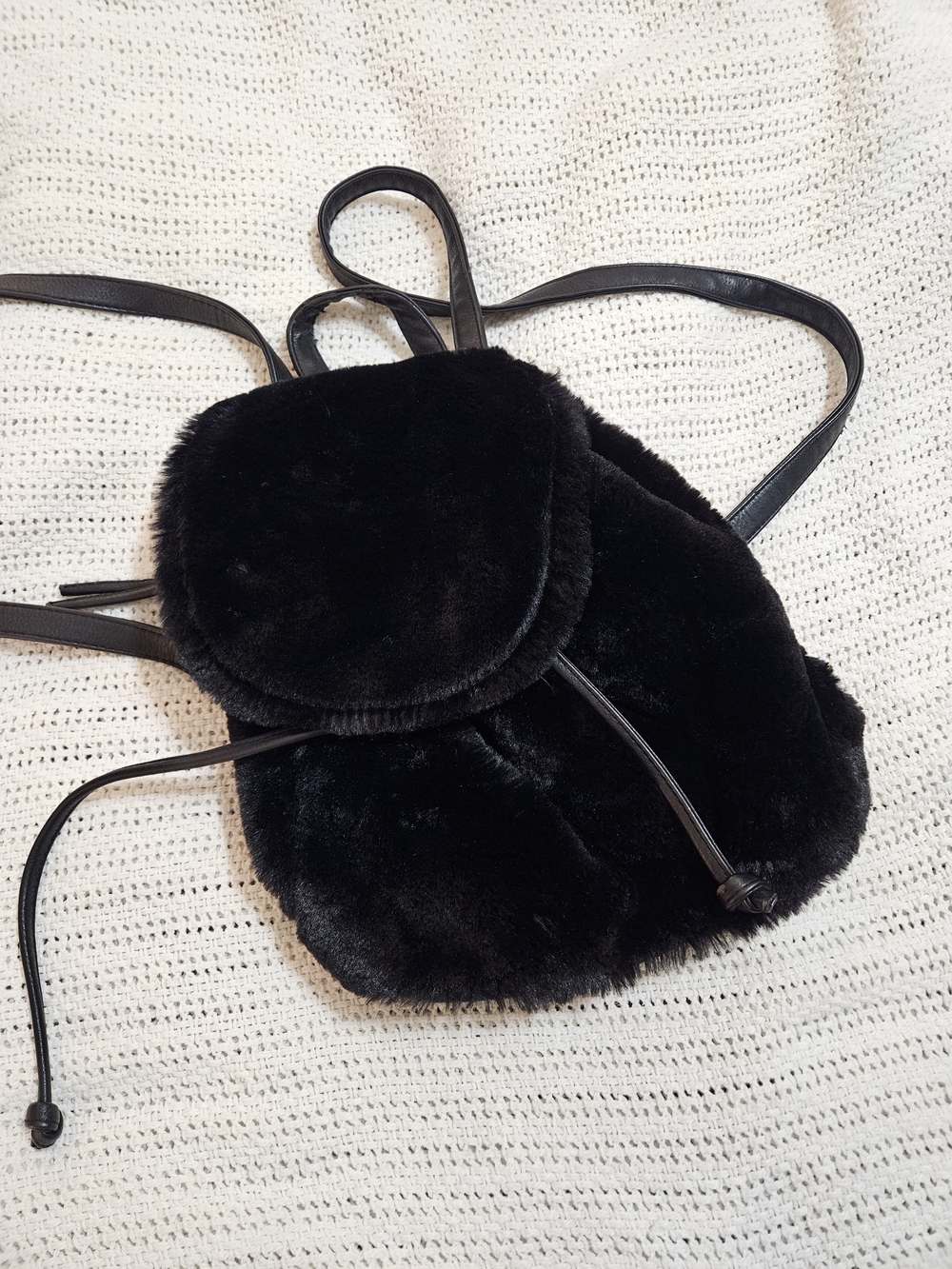 Plush Black Faux Fur Drawstring Backpack